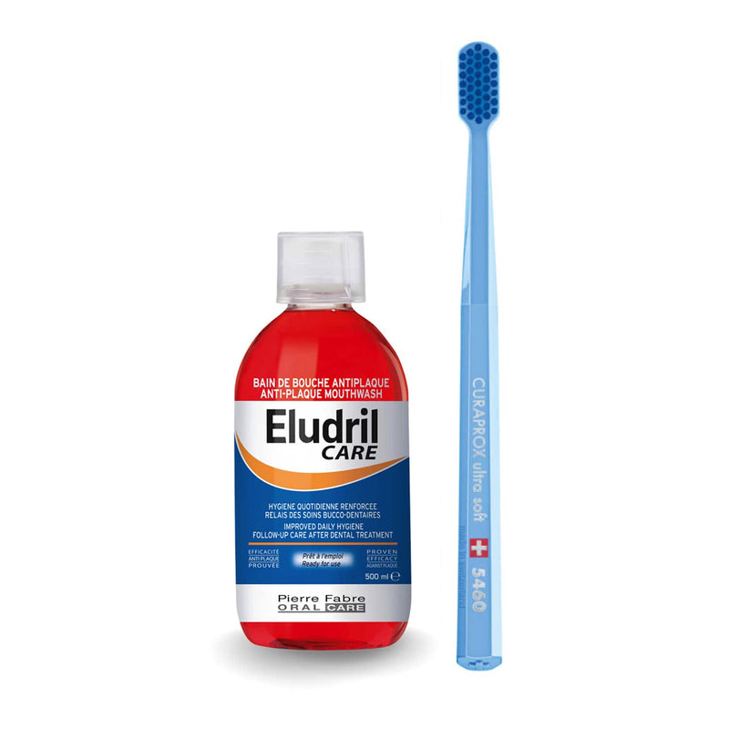 Eludril Care ārstnieciskais mutes skalojamais līdzeklis un Curaprox 5460 mīkstā zobu birste (komplekts pēc mutes dobuma operācijas)
