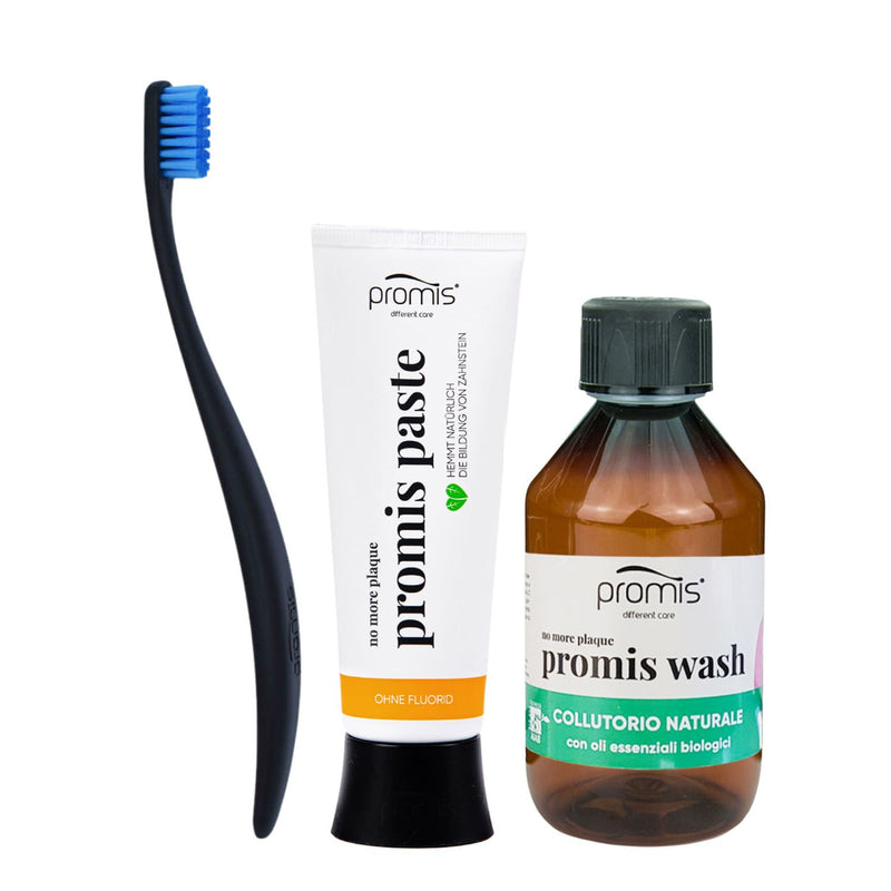 Promis zobu pasta bez fluora (75 ml), mutes skalojamais līdzeklis (250 ml) un zobu birste videi draudzīgā komplektā