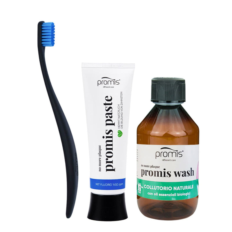 Promis fluorīda zobu pasta (75 ml), mutes skalojamais līdzeklis (250 ml) un zobu birste videi draudzīgā komplektā