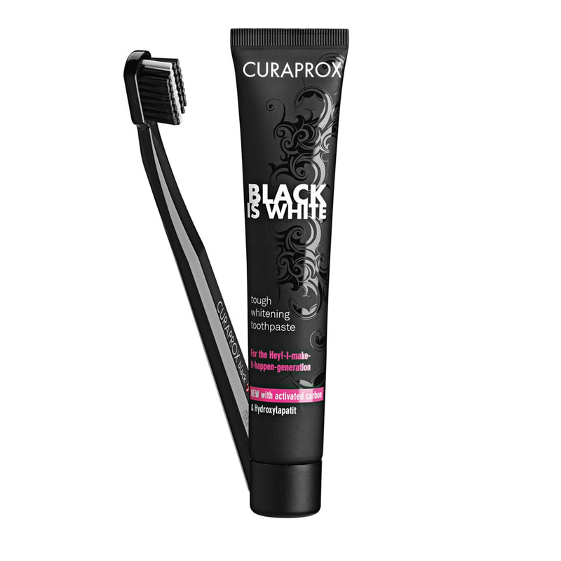 Curaprox Black is White balinošā zobu pasta + īpaši mīksta zobu birste