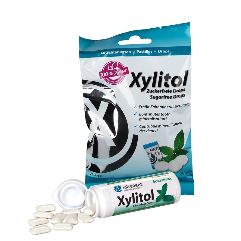 Miradent Xylitol konfekšu komplekts un košļājamā gumija bez cukura ar ksilītu