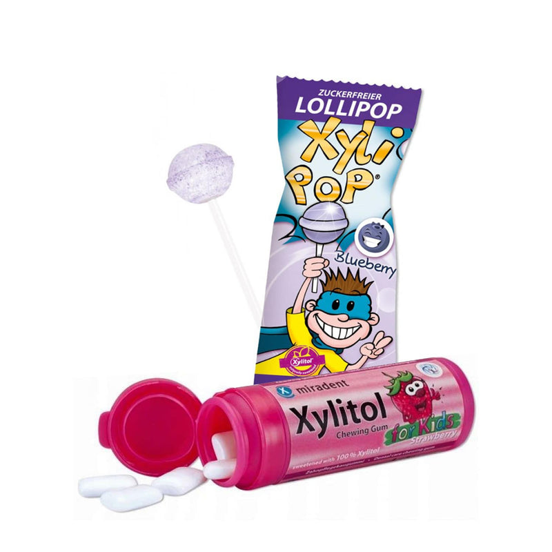 Miradent Xylitol bērnu košļājamās gumijas komplekts un Miradent XyliPop konfekte ar ksilītu