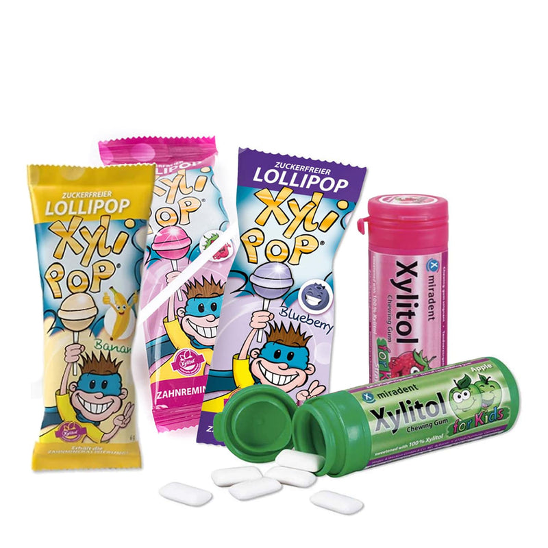 Miradent Xylitol košļājamā gumija un Miradent XyliPop konfektes bērniem ar ksilitolu komplekts